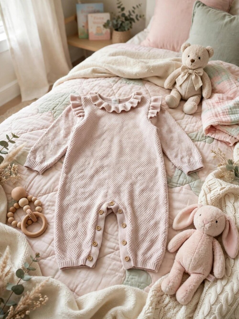 Modern Moments Pink Knit Baby Romper with Buttons — 12M